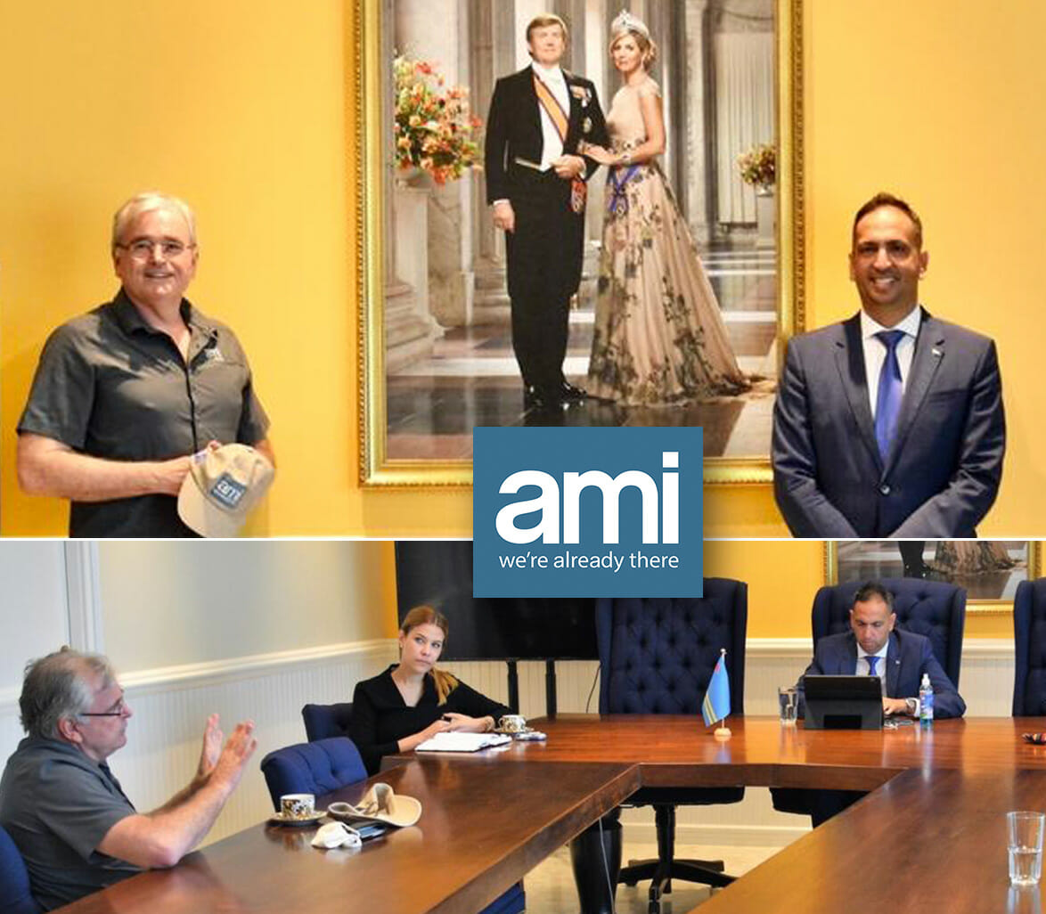 Standing under the portrait of Queen Maxima and King Willem-Alexander of the Netherlands, #AMI's Executive Chairman, Dr. Andrew Walker met with the Aruban Health and Tourism Minister, Dangui Oduber to discuss #Covid19 solutions and strategies for the island.